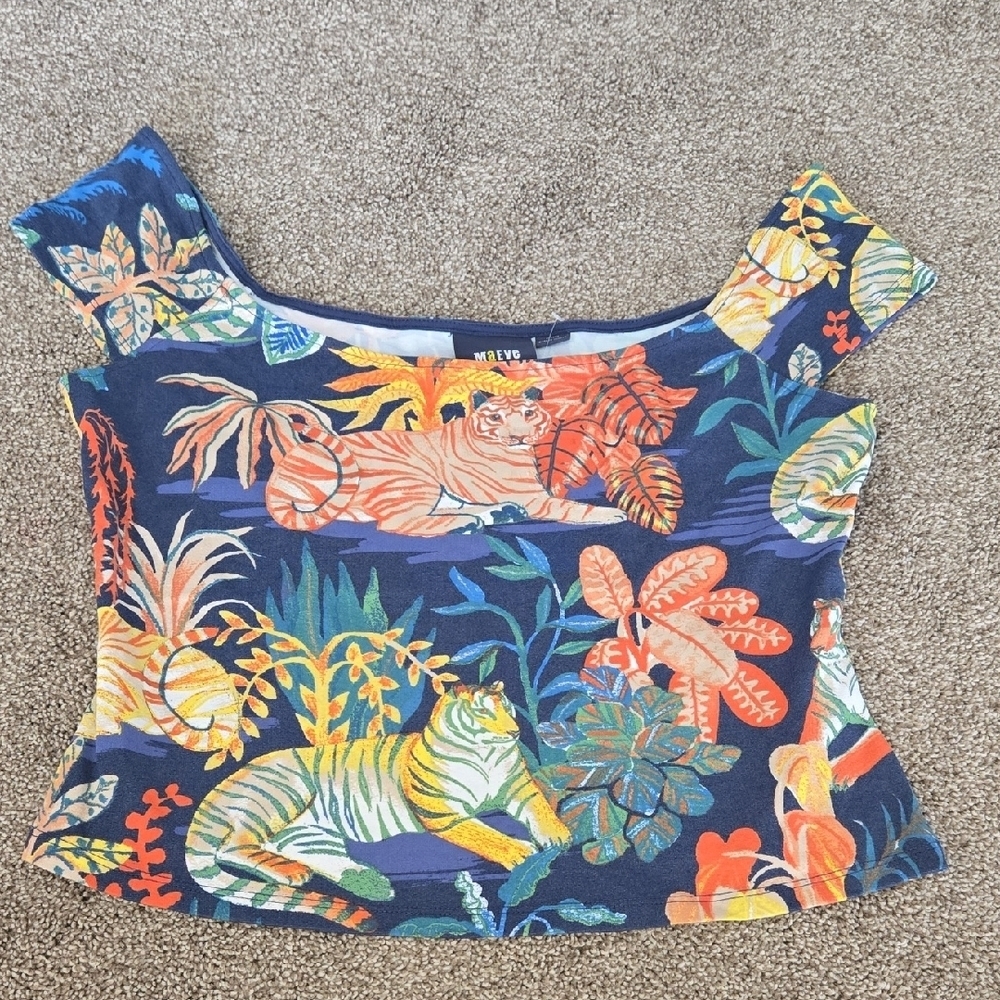 Anthro Maeve Tiger Jungle Print Top Off-Shoulder Knit Jungle Print Size XL - Picture 2 of 7